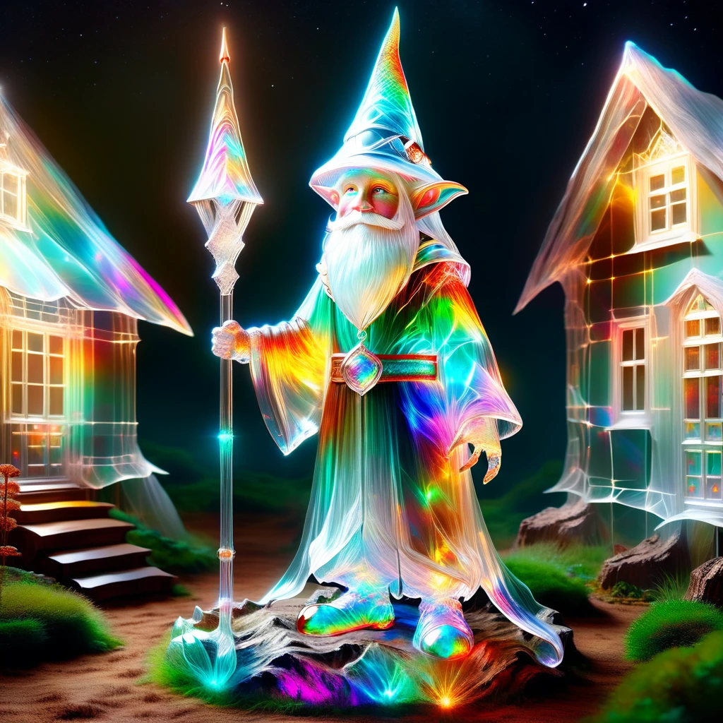 hyper detailed masterpiece, dynamic realistic digital art, incredible quality,transparentes, translucent elf, little gnome creature, long white beard, pointy hat in earth tones, practical rustic clothing, Carry a staff, guardian of the house and farm, Good luck, protection DonMSp3ctr4lXL