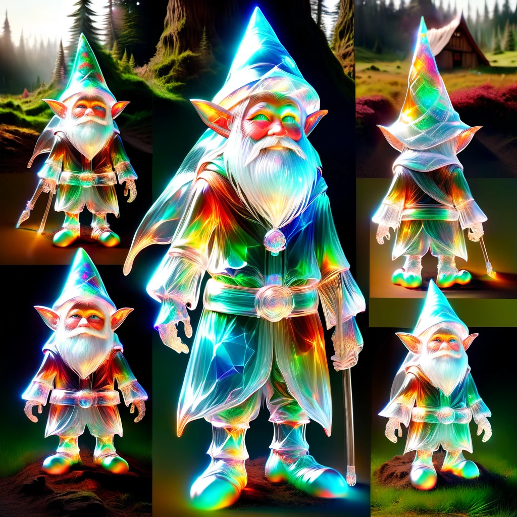 hyper detailed masterpiece, dynamic realistic digital art, incredible quality,transparentes, translucent elf, little gnome creature, long white beard, pointy hat in earth tones, practical rustic clothing, Carry a staff, guardian of the house and farm, Good luck, protection DonMSp3ctr4lXL