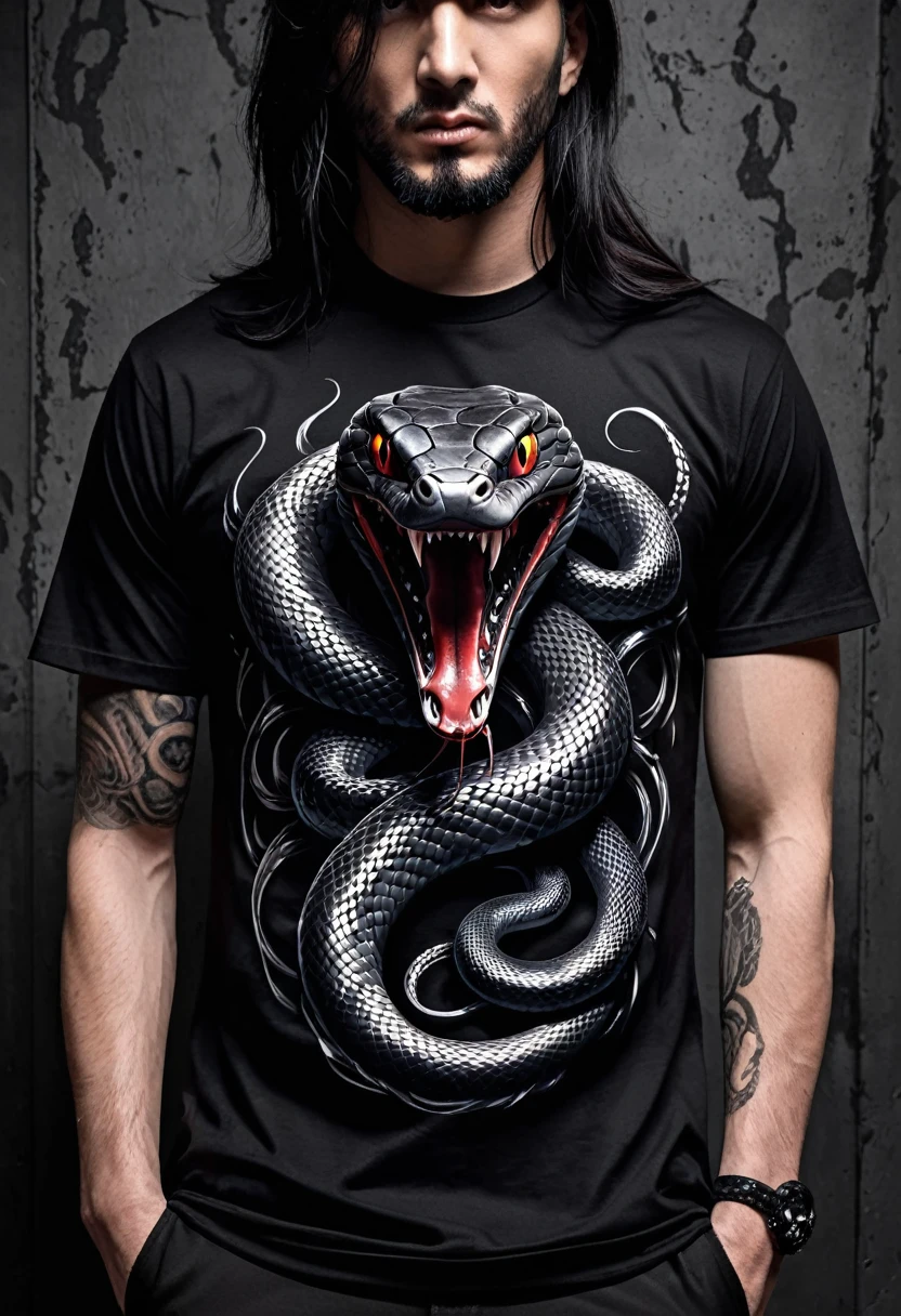 t-shirt design, Design a menacing black t-shirt with a fierce snake motif inspired by heavy metal music aesthetics. The artwork features a sleek, black snake coiled sinuously, its scales glistening in the dim light. The snake's mouth is wide open, revealing rows of razor-sharp teeth dripping with blood, exuding a sense of raw, primal aggression. The background is dark and shadowy, enhancing the ominous atmosphere of the design. The snake's eyes gleam with a malevolent glint, capturing the essence of danger and violence. The overall style is bold and intense, embodying the dark and edgy spirit of heavy metal music.