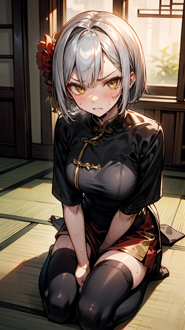 young girl 15 years old, short silver bob hair, hair flower, sharp bangs between the eyes, yellow  eyes, eyes large, dominant look, cold stare, somewhat angry expression. traditional chinese imperial clothes black with gold details, red skirt, black thigh high socks. slenderbody. On your knees on the bed, kneeling. front point of view, far view. in a Japanese room, at night, with full moon in the background, light reflecting on the sexy and sweaty body. (((sweat)))