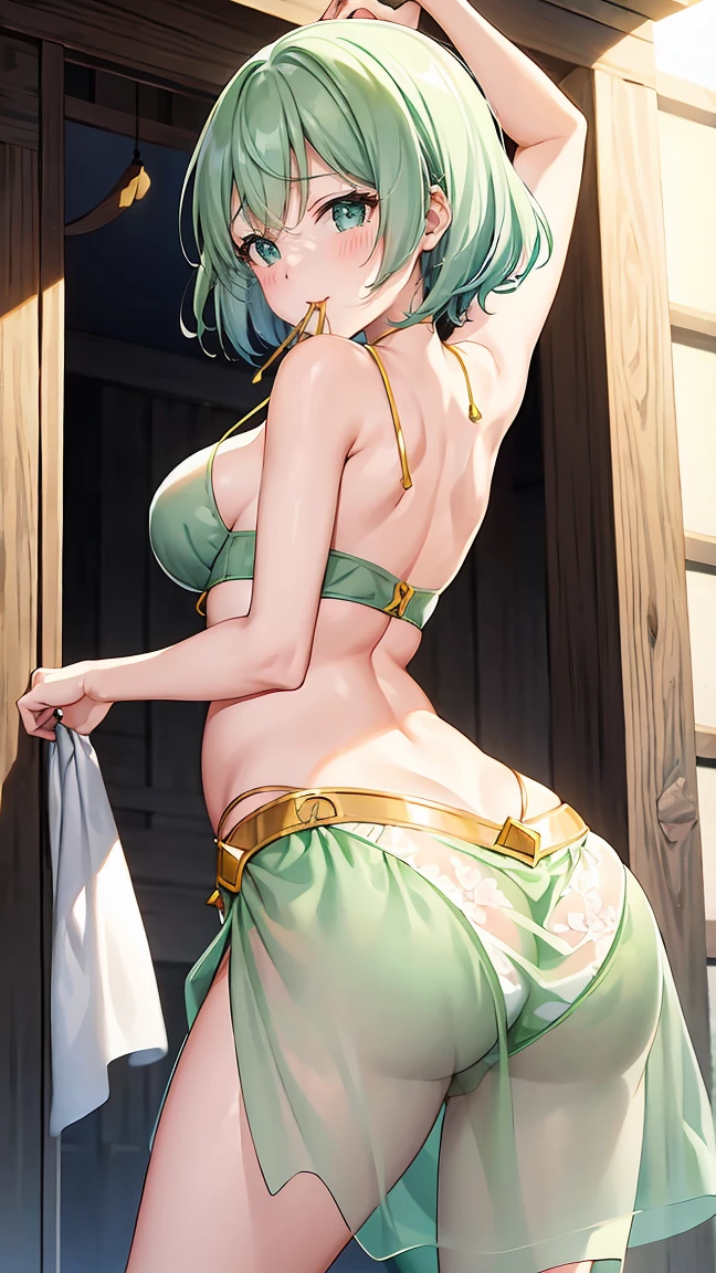 Girl with short green hair, Small breasts, Green Eyes, White Casual Beauty Special、((((Peachy Butt)))),The whole body from head to toe、(Belly dance)、Dancer、National costume、See-through、Angle Shot、Decoration、Luxury accessories、片足を軸にrotateして踊る、((Cover your mouth with a cloth))、Graceful dance、Captivating gestures、Elegant、Rotate、rotate、