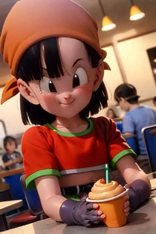 pan,black eyes,,short black hair,bangs,bandana, red shirt,midriff, fingerless gloves, looking at viewer, smiling, happy, teeth, upper body shot, sitting, behind a table, inside fast food restaurant, holding large frosted milkshake glass, neon lighting, high quality, masterpiece  