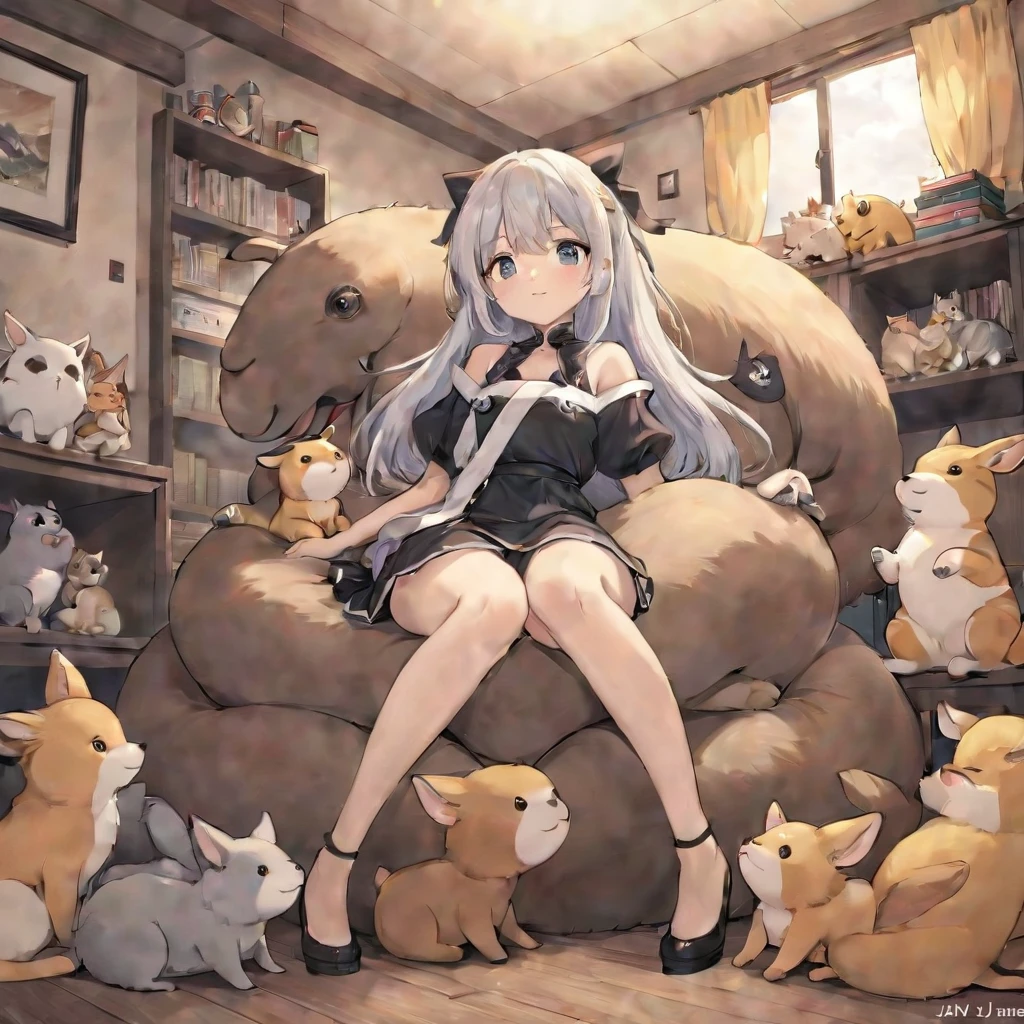 Anime girl sitting on a pile of animals in her room, Anime fantasy illustration, artstation pixivでトレンド, Anime illustration, Jan J, Art James&#39; Style, Anime-style illustrations, by Shimo, Trending on cgstation, Trending Anime Art, Artgerm Comics, pixiv Contest Winner, Trend Art Germ, Top rated on pixiv