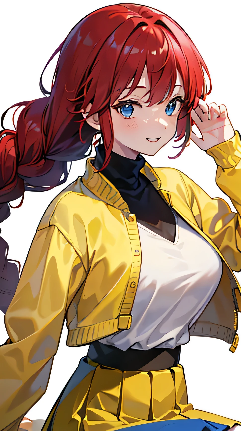 masterpiece、high-quality、top-quality、Beautiful face、expressive eyes、hard disk、Perfect lighting、A detailed face、Detailed body、mature female、mature lady、solo、(A red-haired)、braided ponytail、swept bangs、 blue eyes、((yellow skirt))、((Black Turtleneck sweater))、((yellow jacket))、looking to the side、professional model、big breastature face、softened face、smiles 、elegant pose、white plain background、side views