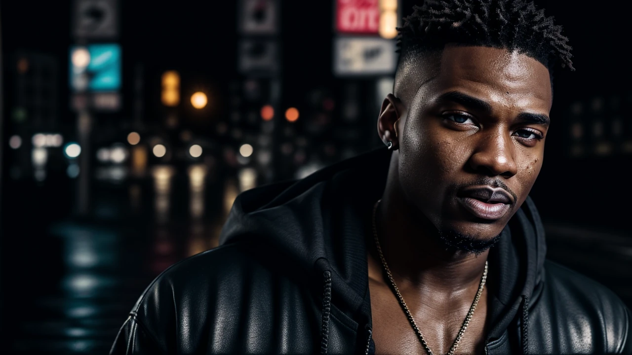 a man singing rap, hip hop style, photorealistic, detailed face, detailed eyes, detailed lips, detailed facial features, detailed skin texture, detailed clothing, dynamic pose, dramatic lighting, urban setting, graffiti background, neon lights, wet asphalt, rain effects, gritty atmosphere, cinematic composition, high contrast, vibrant colors, moody lighting