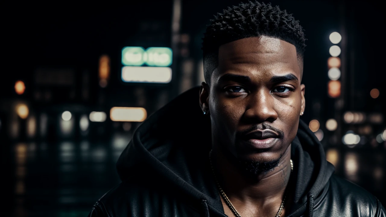 a man singing rap, hip hop style, photorealistic, detailed face, detailed eyes, detailed lips, detailed facial features, detailed skin texture, detailed clothing, dynamic pose, dramatic lighting, urban setting, graffiti background, neon lights, wet asphalt, rain effects, gritty atmosphere, cinematic composition, high contrast, vibrant colors, moody lighting
