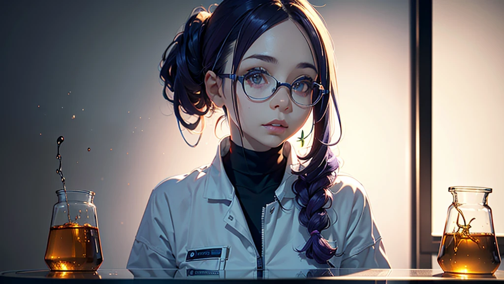 scientist girl,1girl,long purple hair,ponytail,glasses,white lab coat,curious expression,inquisitive face, with glass sample tubes, doing an experiment with bright liquids, white laboratory background,(best quality,8k,highres,masterpiece:1.2),ultra-detailed,(realistic:1.37),professional,vivid colors,studio lighting,physically-based rendering,concept art