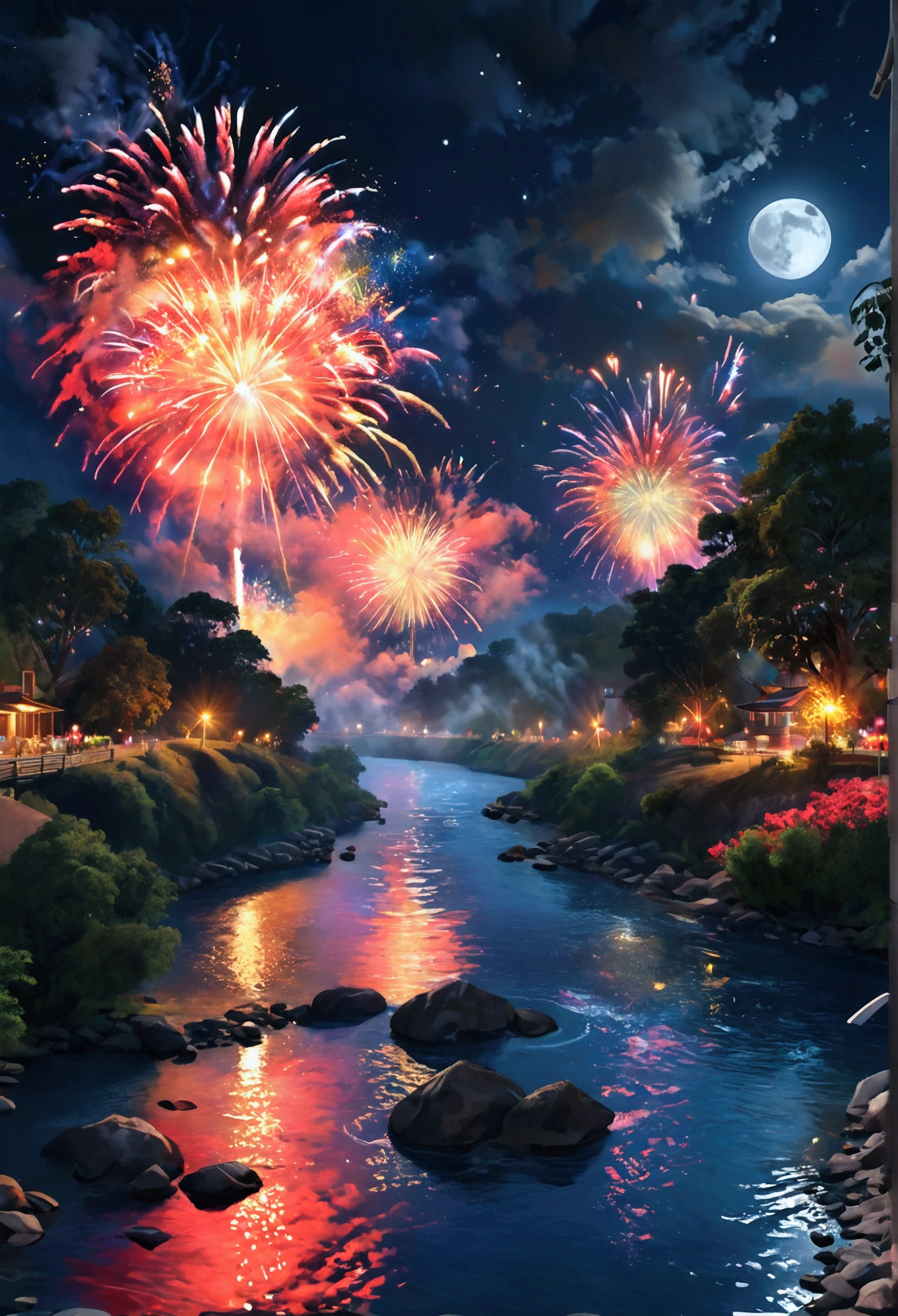 Please create high-quality, high-resolution, realistic illustrations that meet the following conditions.。-Many fireworks bursting into the night sky -There is a river flowing above ground -A beautiful full moon makes the fireworks stand out -Among the colorful fireworks, there is one in the shape of a heart.