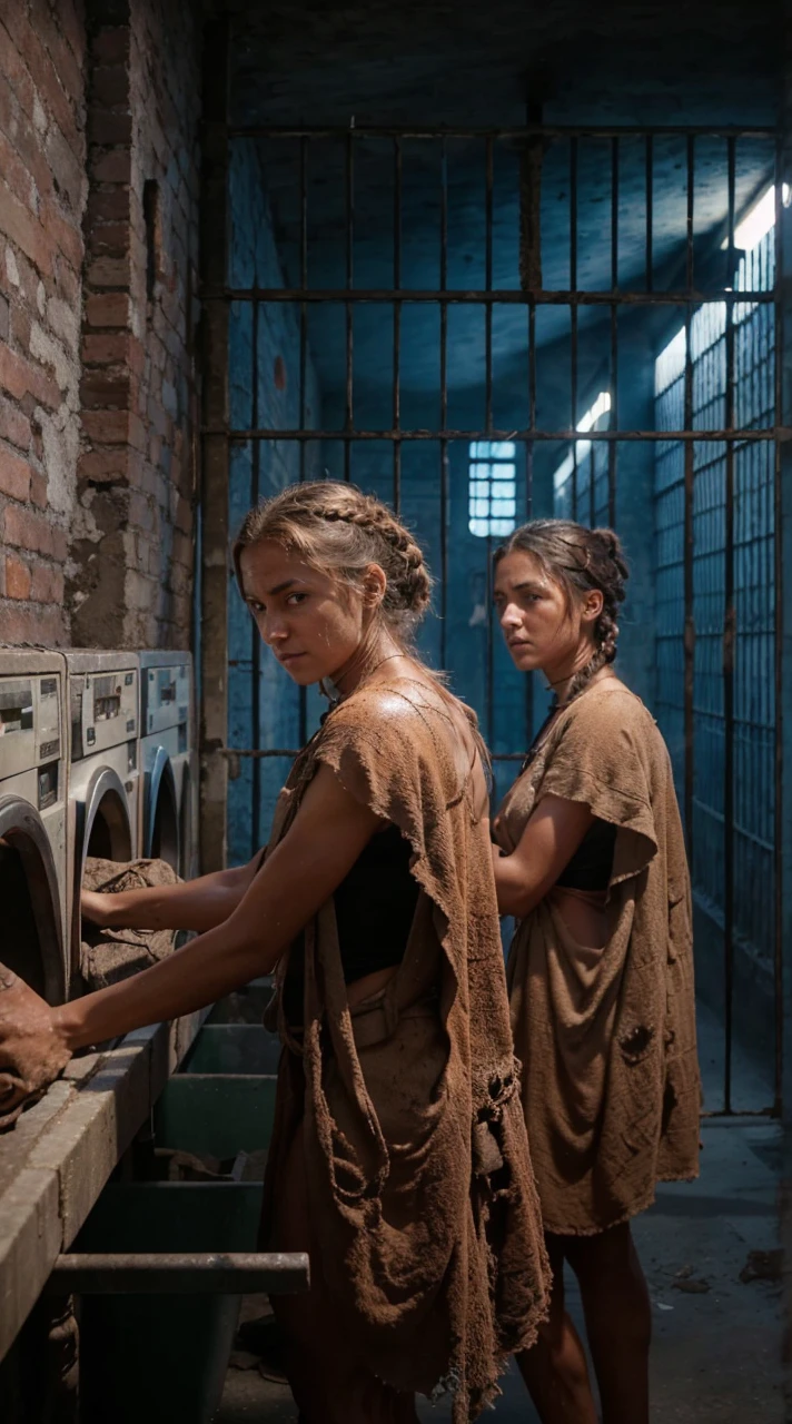 south of Italy, rural hinterland, summer heat, young slave women and girls from conquered barbarian tribes,slaves in slave prison sweat streaming down their tanned bodies, dirty, not washed for a long time, sweaty dressed in pathetic sackcloth rags barely covering their hips and ass, with huge cleavage revealing a woman's breasts, bare, sweaty, unwashed hair carelessly cut and tied in a ponytail or braided into a short braid, beautiful but exhausted by hard labor faces, stupefied from work, iron collars in the form of a riveted hoop around their necks, slave brands in the form of Latin letters "S" or "F" on their hips and shoulders, beaten and intimidated resigned to his fate.Hyperrealism, real photo, many details of costume, metal, fabric