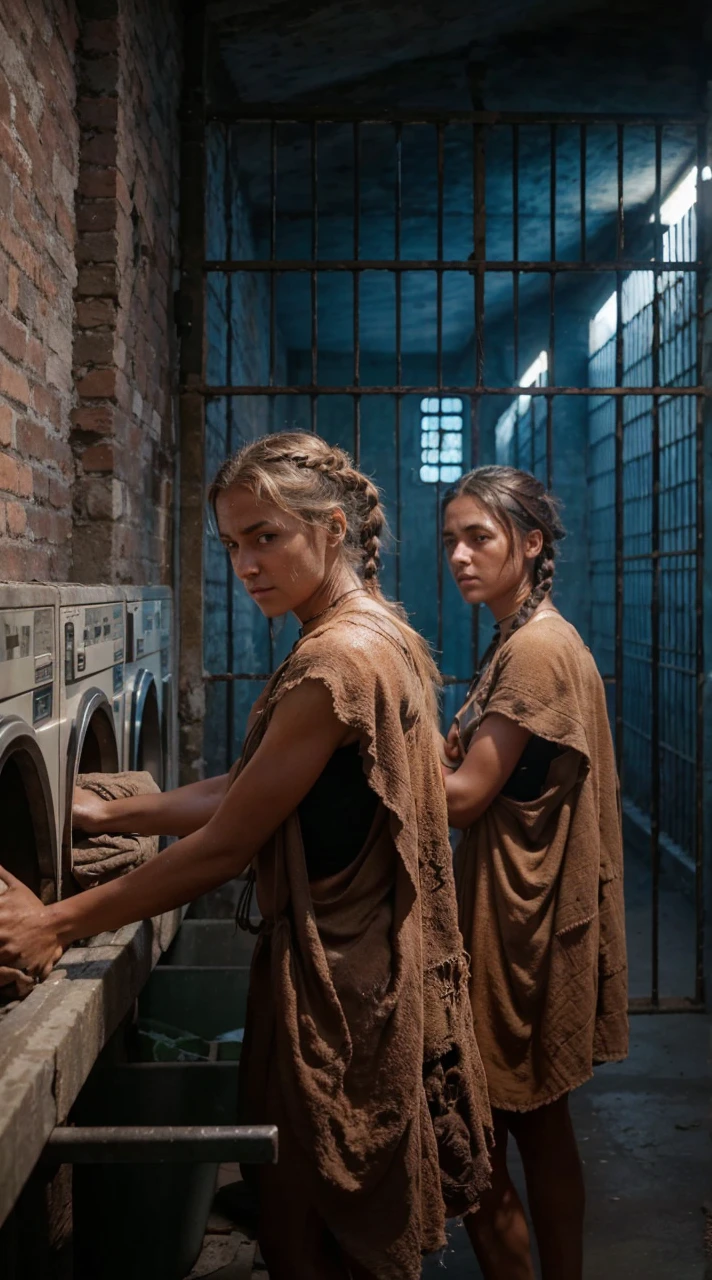 south of Italy, rural hinterland, summer heat, young slave women and girls from conquered barbarian tribes,slaves in slave prison sweat streaming down their tanned bodies, dirty, not washed for a long time, sweaty dressed in pathetic sackcloth rags barely covering their hips and ass, with huge cleavage revealing a woman's breasts, bare, sweaty, unwashed hair carelessly cut and tied in a ponytail or braided into a short braid, beautiful but exhausted by hard labor faces, stupefied from work, iron collars in the form of a riveted hoop around their necks, slave brands in the form of Latin letters "S" or "F" on their hips and shoulders, beaten and intimidated resigned to his fate.Hyperrealism, real photo, many details of costume, metal, fabric