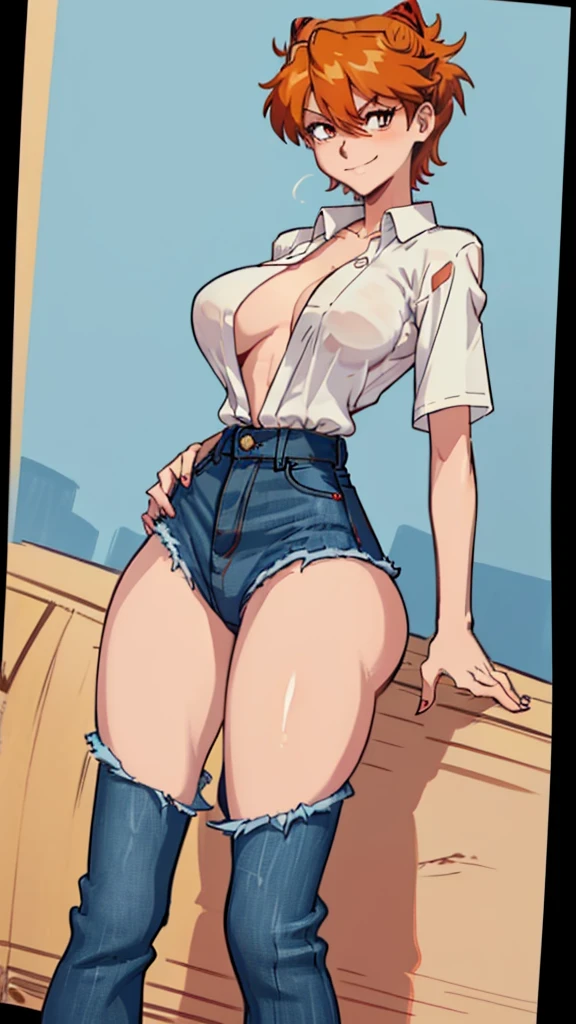 female, red short hair large  orange eyes, (((1girl))), (((black unbuttoned short sleeve shirt))), (orange long sleeve shirt), (blue denim jeans), (black flats), cute and sexy, large breasts, large butt, full body, long legs, smiling ASUKA LANGLEY 