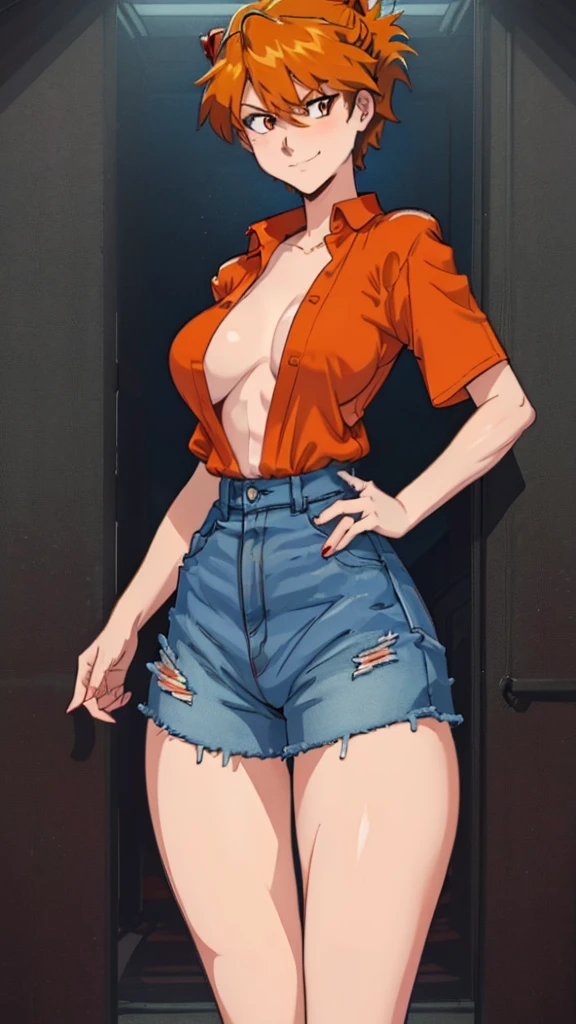 female, red short hair large orange eyes, (((1girl))), (((black unbuttoned short sleeve shirt))), (orange long sleeve shirt), (blue denim jeans), (black flats), cute and sexy, large breasts, large butt, full body, long legs, smiling ASUKA LANGLEY