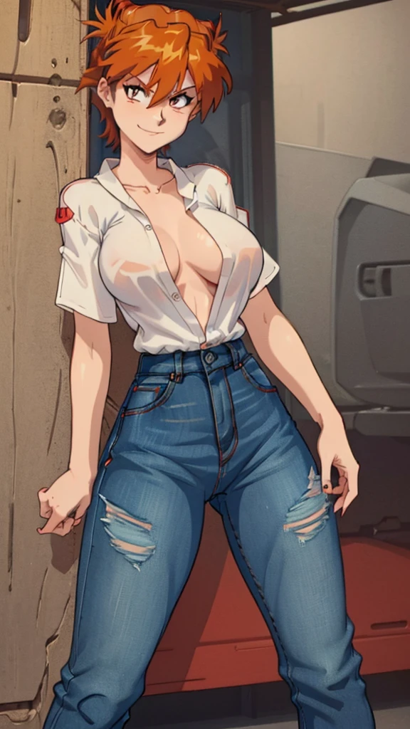 female, red short hair large  orange eyes, (((1girl))), (((black unbuttoned short sleeve shirt))), (orange long sleeve shirt), (blue denim jeans), (black flats), cute and , , , full body, long legs, smiling ASUKA LANGLEY 