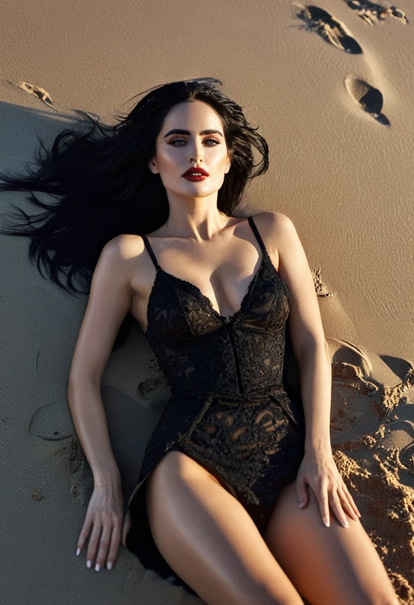 UHD, (1 girl), long dark black bun hair, big slim waist, ava max, bella poarch, olga buzova, Eva Green, salma hayek, violet myers, 24 year old female model, ayahausca, instagram model, lianna, sexy girl, the extremely hot and sexy, (8k, RAW photo, highest quality),(epic realistic:1.5), dynamic posture,erotic face (detailed eyes:0.8), (highest quality), (best shadow),intricate details,cinematic,((skin:1.4)) (hdr:1.5), detailed, masterpiece, RAW photo full-length portrait, captivating eyes, bright details, (high skin detail), (tint: 0.25), (dirty: 0.66), Key lighting, (backlight: 0.4), medium depth of field, Canon 5D, 50mm lens, f/4 aperture, (ultra-detailed, complex detail), sharp focus, 4k, absurd, 8mm film grain, flirting with camera, wearing a sexy dress, lying down on the beach on a sunny day