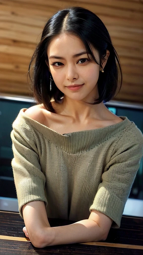 (1 woman:1.99)、(Wide forehead、Very short hair、Very small amount of hair、Forehead、Fuji frame:1.1)、Sunburn、17 years old、Naughty、Happy expression、満面のsmile、Weakness、love、I feel very comfortable alone、(Summer Course: 1.5),((Very sleepy、Improves skin texture,smile、Narrow eyes、Very weak eyesight、Very weak eyeliner、Eyes slightly closed、I know the shape of your head、Oval Face))、(slicked back hair:1.25)、Photographic, Raw photo, Mastepiece, Highly detailed photos, Digital SLR, Photo-realistic 1.4, Super hello nothing, Best Quality,(Elbows on the desk、tilting your head、whole body:1.7)
