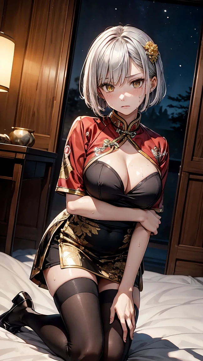 young girl , short silver bob hair, hair flower, sharp bangs between the eyes, yellow  eyes, eyes large, dominant look, cold stare, somewhat angry expression. traditional chinese imperial clothes black with gold details, red skirt, black thigh high socks. slenderbody. On your knees on the bed, kneeling. front point of view, far view. in a Japanese room, at night, with full moon in the background, light reflecting on the sexy and sweaty body. (((sweat)))