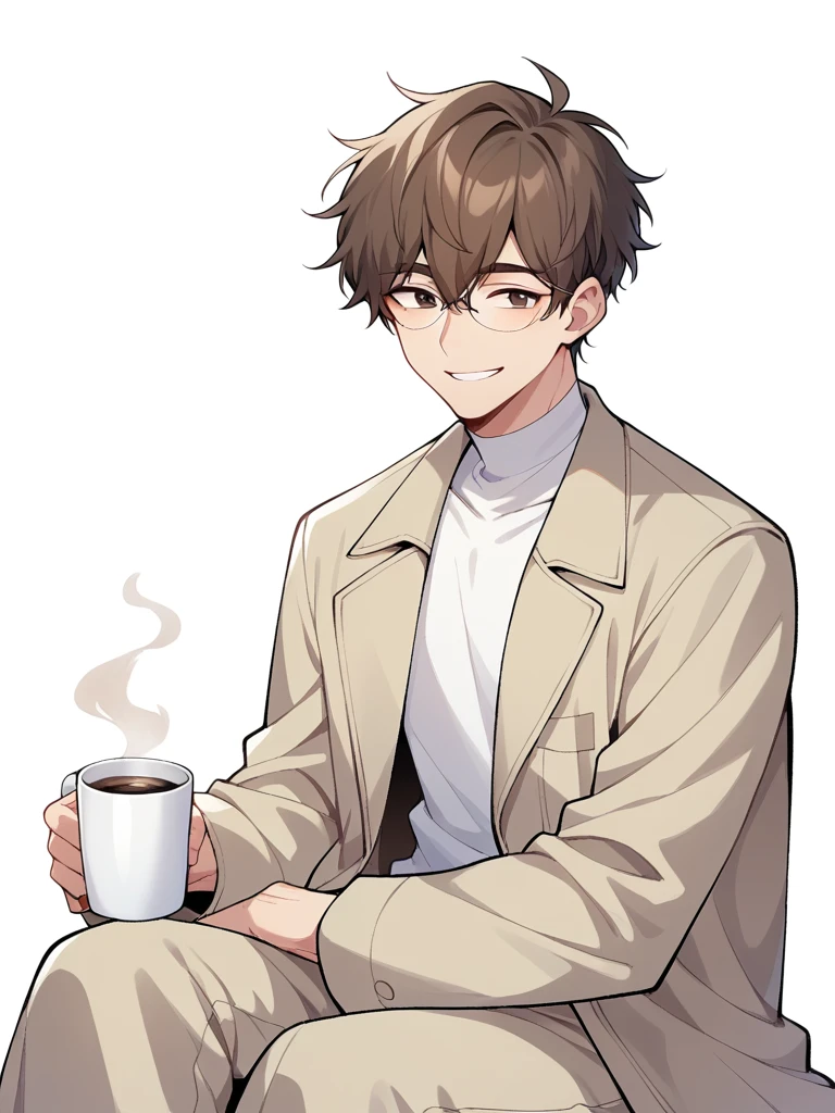 man, about 25 years old, not so long hair.
dark brown eyes.
Brown hair.
sitting down, having some coffee, V-neck clothing and a light brown trench coat. 
clear skin, large square lenses, smiling, HD. short hair, HAIRSTYLE PARS BACK, HAIR COLOR A LITTLE DARK. 