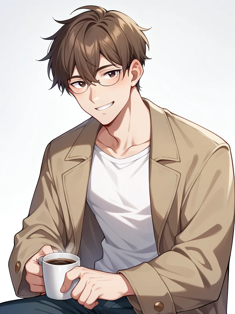 man, about 25 years old, not so long hair.
dark brown eyes.
Brown hair.
sitting down, having some coffee, V-neck clothing and a light brown trench coat. 
clear skin, large square lenses, smiling, HD. short hair, HAIRSTYLE PARS BACK, HAIR COLOR A LITTLE DARK. 