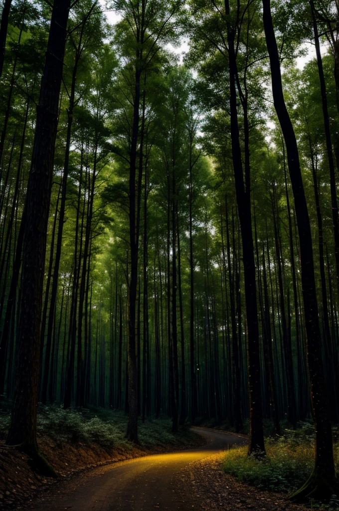 Dark forest with fireflies 