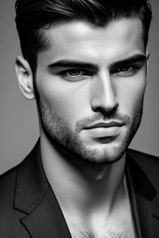 Photo of male model Gonçalo Teixeira, black and white, realistic, portrait, not painted, very detailed faces, skin with pores, 4k, dark suit, black plain background, skin not smoothed, face from left to right, desire in the eyes, half profile, glowering, looking into the camera, dark shirt.