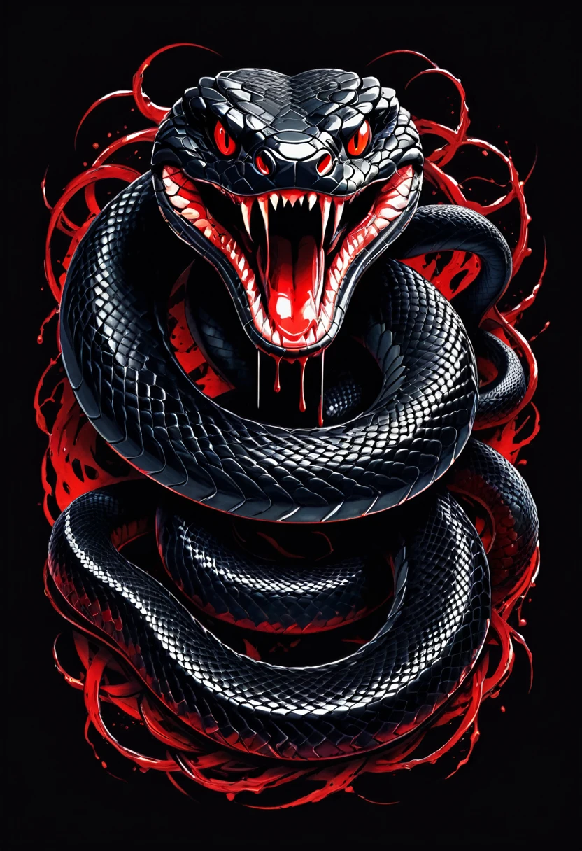 t-shirt design, Design a menacing black t-shirt with a fierce snake motif inspired by heavy metal music aesthetics. The artwork features a sleek, black snake coiled sinuously, its scales glistening in the dim light. The snake's mouth is wide open, revealing rows of razor-sharp teeth dripping with blood, exuding a sense of raw, primal aggression. The background is dark and shadowy, enhancing the ominous atmosphere of the design. The snake's eyes gleam with a malevolent glint, capturing the essence of danger and violence. The overall style is bold and intense, embodying the dark and edgy spirit of heavy metal music.