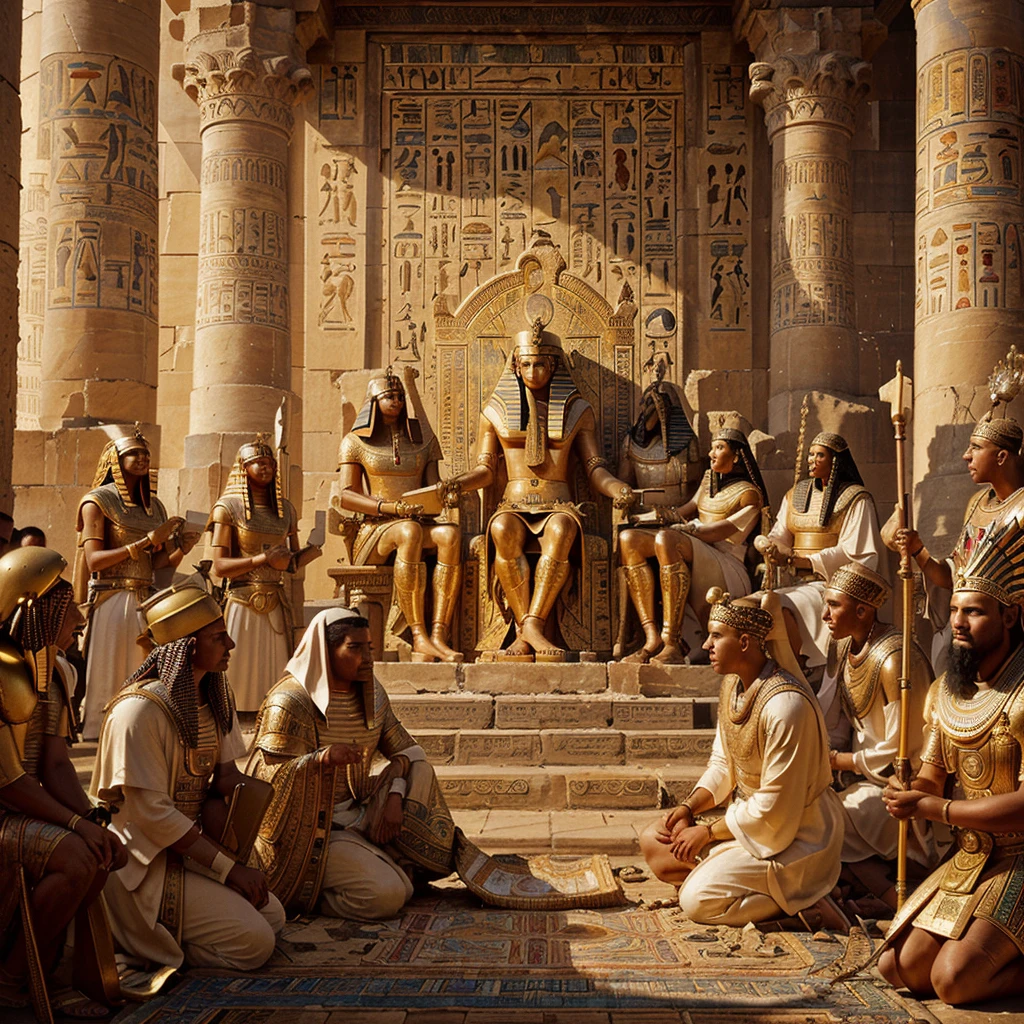 a painting of a group of people sitting around a statue, ancient kings in white robes, ancient egypt painting, por Harrington Mann, Egyptian atmosphere, por John La Gatta, by Johfra Bosschart, celebrating a king being crowned, Egyptian mythology, Egyptian art, Egyptian gods, historical artistic representation, ancient egyptian, por Arthur Pan, Egyptian Style, by Alexander Kucharsky