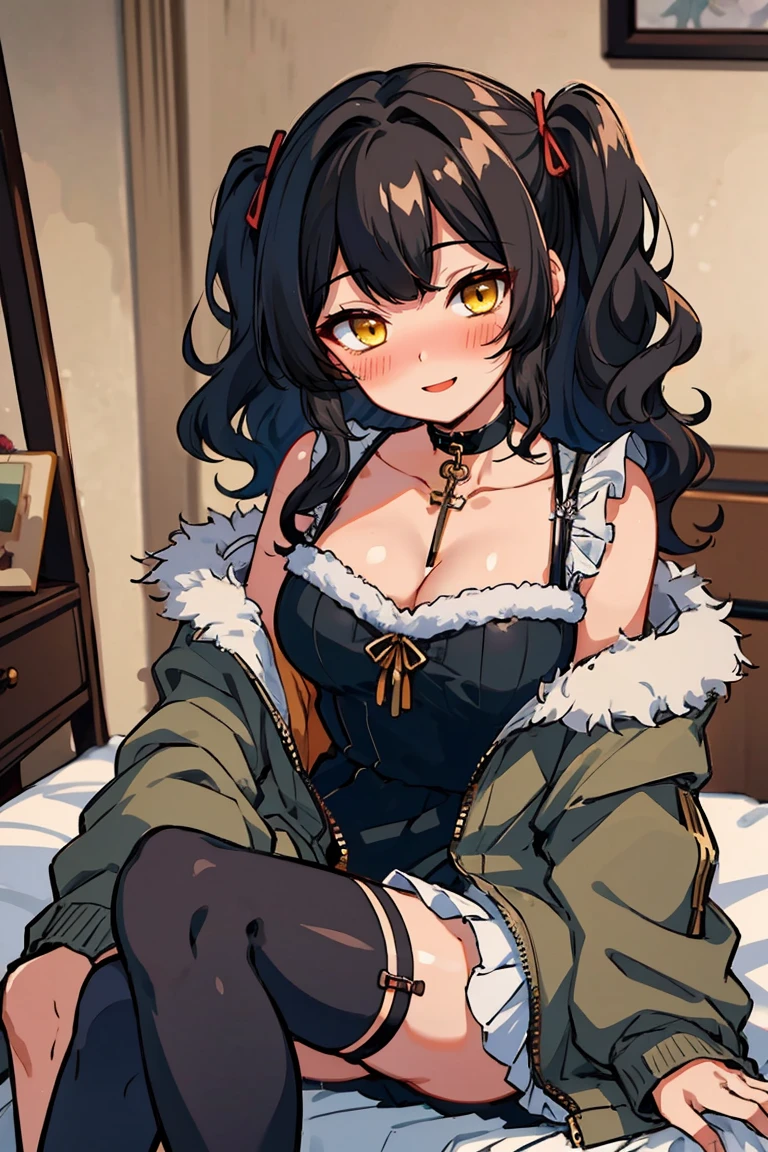(masterpiece:1.2), (high quality:1.2), (hui xiyi:0.7), rekkyo sensen, rekkyou sensen, girls with((1girl, solo, black hair, yellow eyes, smiling, (wavy medium hair, one side up:1.55), (left swept bangs:1.53), bare shoulder, blush, breasts, choker, cleavage, coat, cowboy shot, long dress, blue lace dress, camisole dress, frilled dress, frilled skirt, ribbon waist belt, black ribbon belt, red bow, red ribbon, neck ribbon, collar, collarbone, rosary, rosary choker, cross, fur, fur trim, parka, khaki hoodie, green hoodie, khaki jacket, hood down, hooded coat, hooded jacket, hoodie, jacket, large breasts, long sleeves, medium breasts, open clothes, open coat,open hoodie, sleeveless, winter clothes, zipper, cleavage, upper body, hand up, waving, palm, white thighhighs, single thighhigh, exposed legs, exposed foots, left thighhigh, solo, legs, high heels, sittings, sit on the chair)), background with((bedroom, room:2.0))