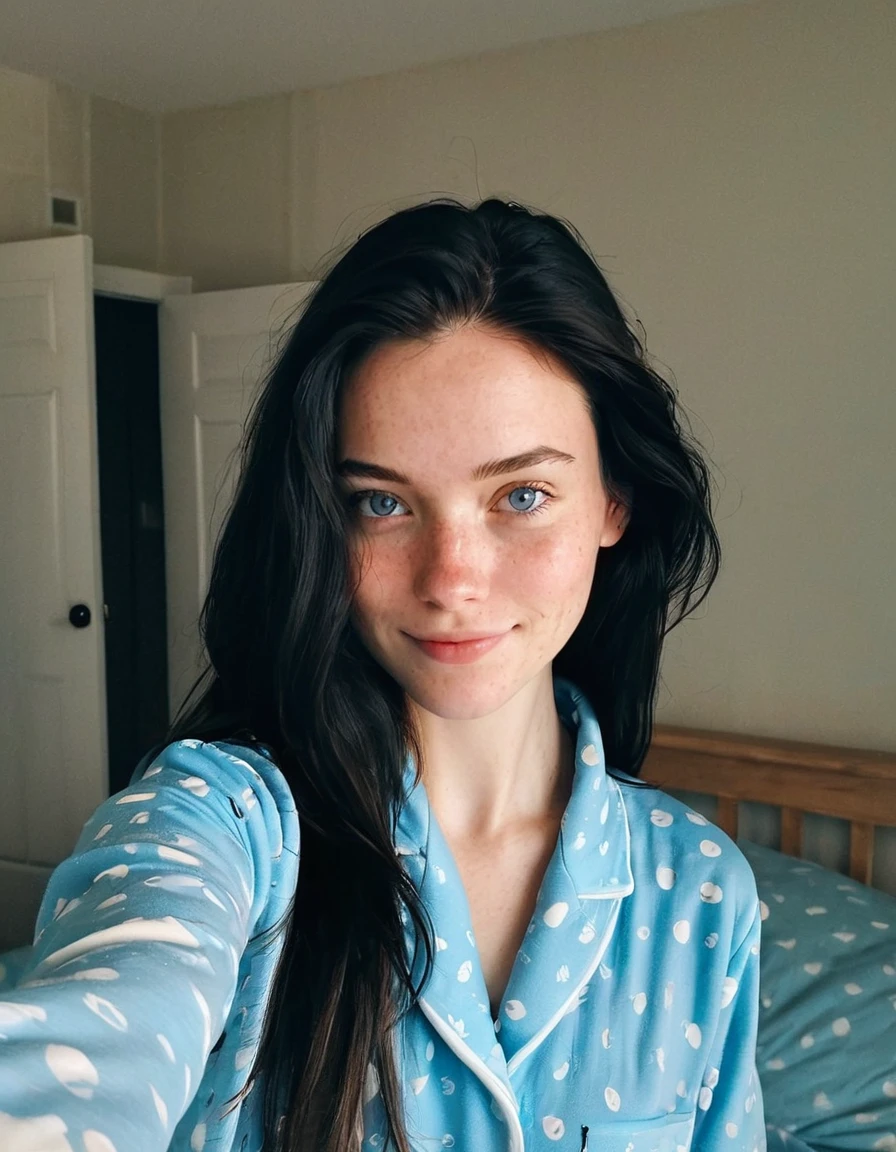 instagram selfie , a 23 year old gorgeous woman , slight smile , detailed skin face and eyes , natural lighting , at home , long hair, wearing cute pajamas , film grain, low contrast, natural face , freckles , black hair , blue eyes, dark circles under eyes