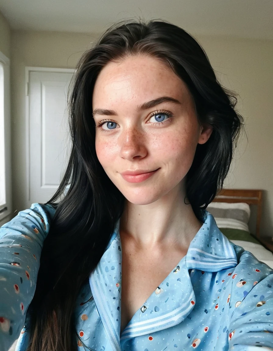 instagram selfie , a 23 year old gorgeous woman , slight smile , detailed skin face and eyes , natural lighting , at home , long hair, wearing cute pajamas , film grain, low contrast, natural face , freckles , black hair , blue eyes, dark circles under eyes