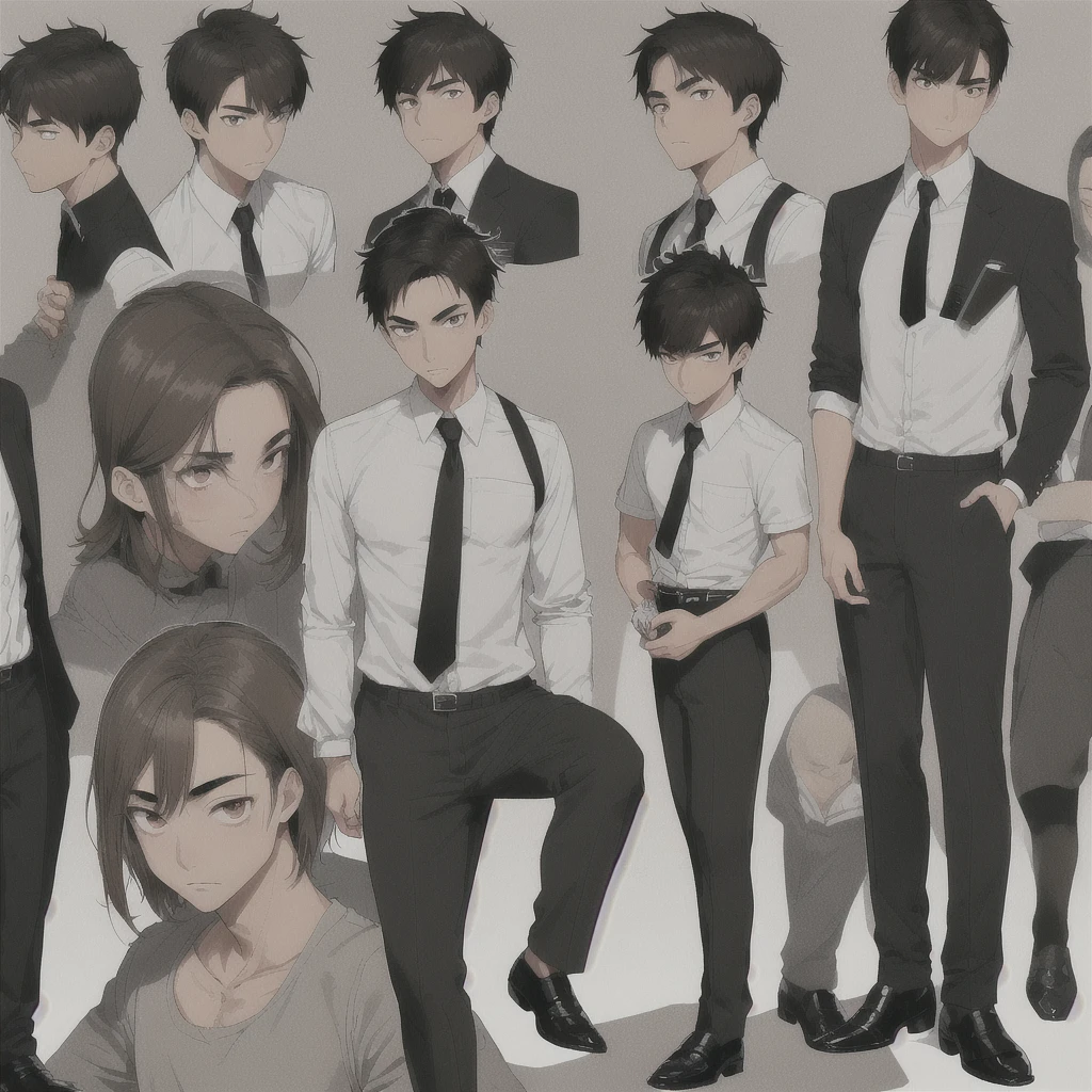 Male Asian young adult , medium length spikey hair , brown lazy eyes, thin sharp eyebrow, thin nose, good looking ,dark brown hair, tan skin, broad shoulders, lean, tall, short black tie, fitted white school shirt with rolled sleeves, light grey school pants, black fancy shoe , reading a note book