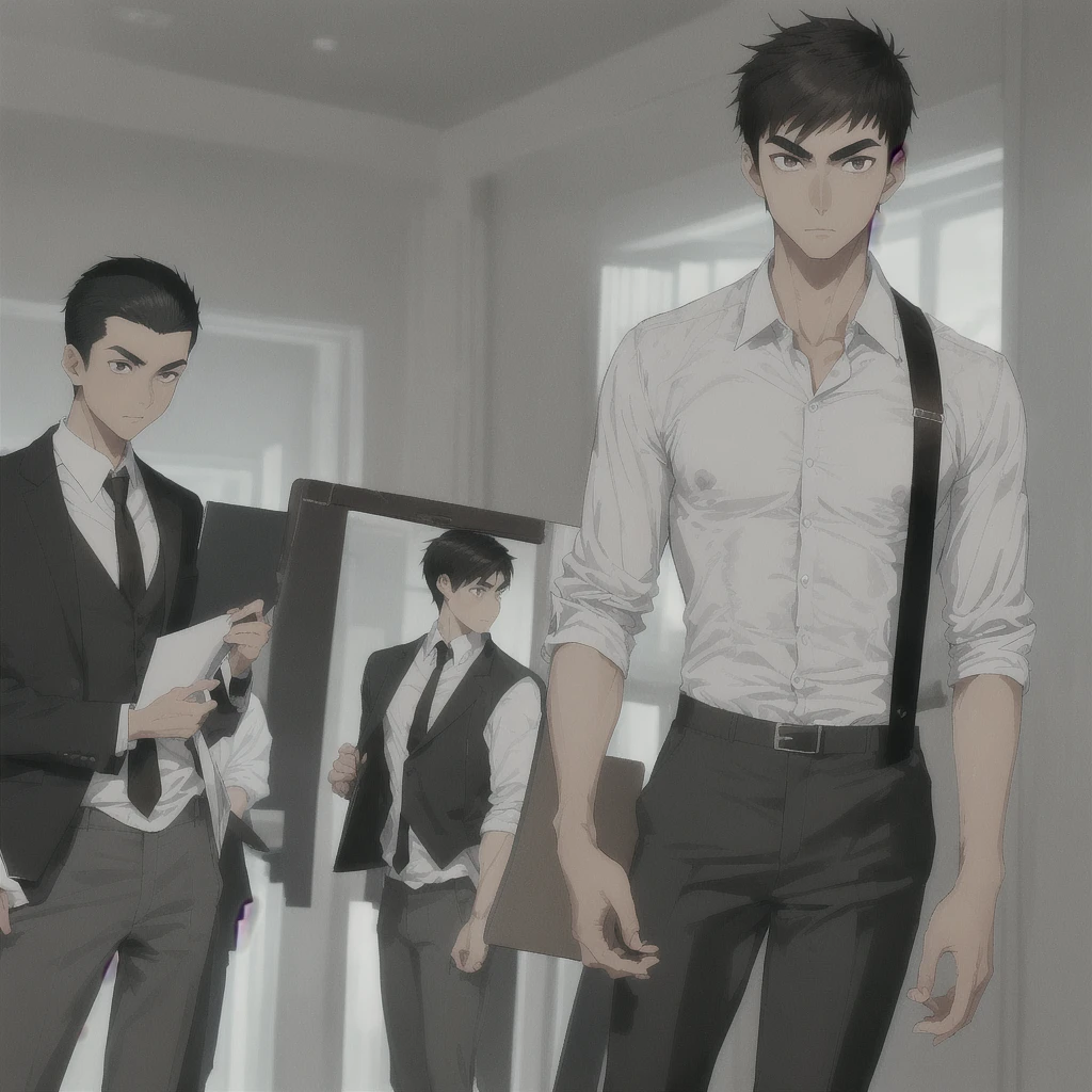 Male Asian young adult , medium length spikey hair , brown lazy eyes, thin sharp eyebrow, thin nose, good looking ,dark brown hair, tan skin, broad shoulders, lean, tall, short black tie, fitted white school shirt with rolled sleeves, light grey school pants, black fancy shoe , reading a note book