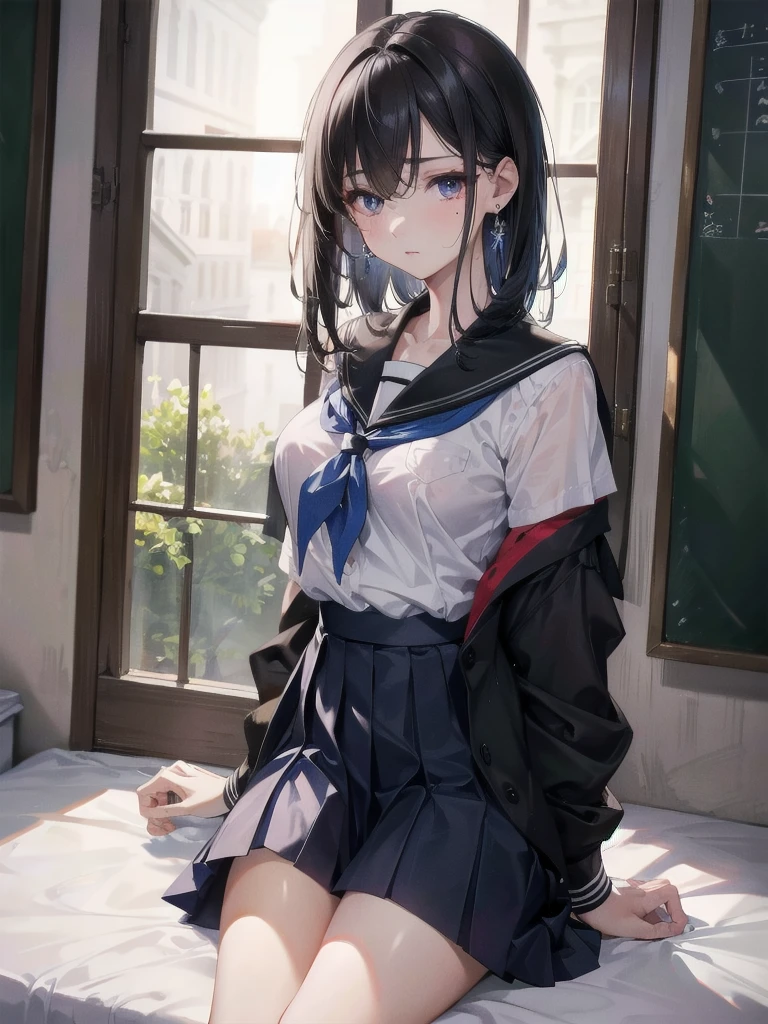 (Best quality, 8k, 32k, Masterpiece, UHD,:1.2),RAW, human, 1girl,ultra cute , ultra cute, natural lighting, transparent shining eyes, 20yo, medium breast ,femur, fair complexion , flushed face, ((school uniform)), sitting on the floor, surrounded by many many sushi, confused,