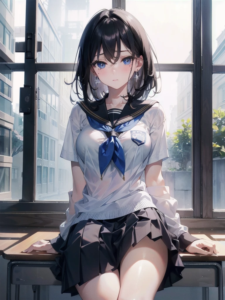 absurdres, RAW photo, extremely delicate and beautiful, masterpiece, Best Quality, ultra high resolution, 32k, hyperrealistic, ultra-detailed, tearful mole, earring, medium breasts, whole body shot, medium hair, asymmetrical hair, ((school_uniform)), short skirt,