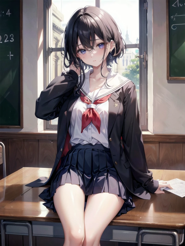 absurdres, RAW photo, extremely delicate and beautiful, masterpiece, Best Quality, ultra high resolution, 32k, hyperrealistic, ultra-detailed, tearful mole, earring, medium breasts, whole body shot, medium hair, asymmetrical hair, ((school_uniform)), short skirt,