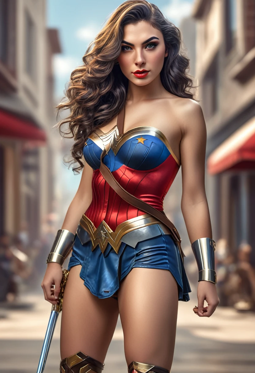 (best quality,4k,ultra-realistic:1.2),ultra-detailed,(photorealistic:1.37) sexy beautiful Gal Gadot dressed as Wonder Woman , in the style of realism, natural lighting, sexy pinup, 8k resolution, , full body
