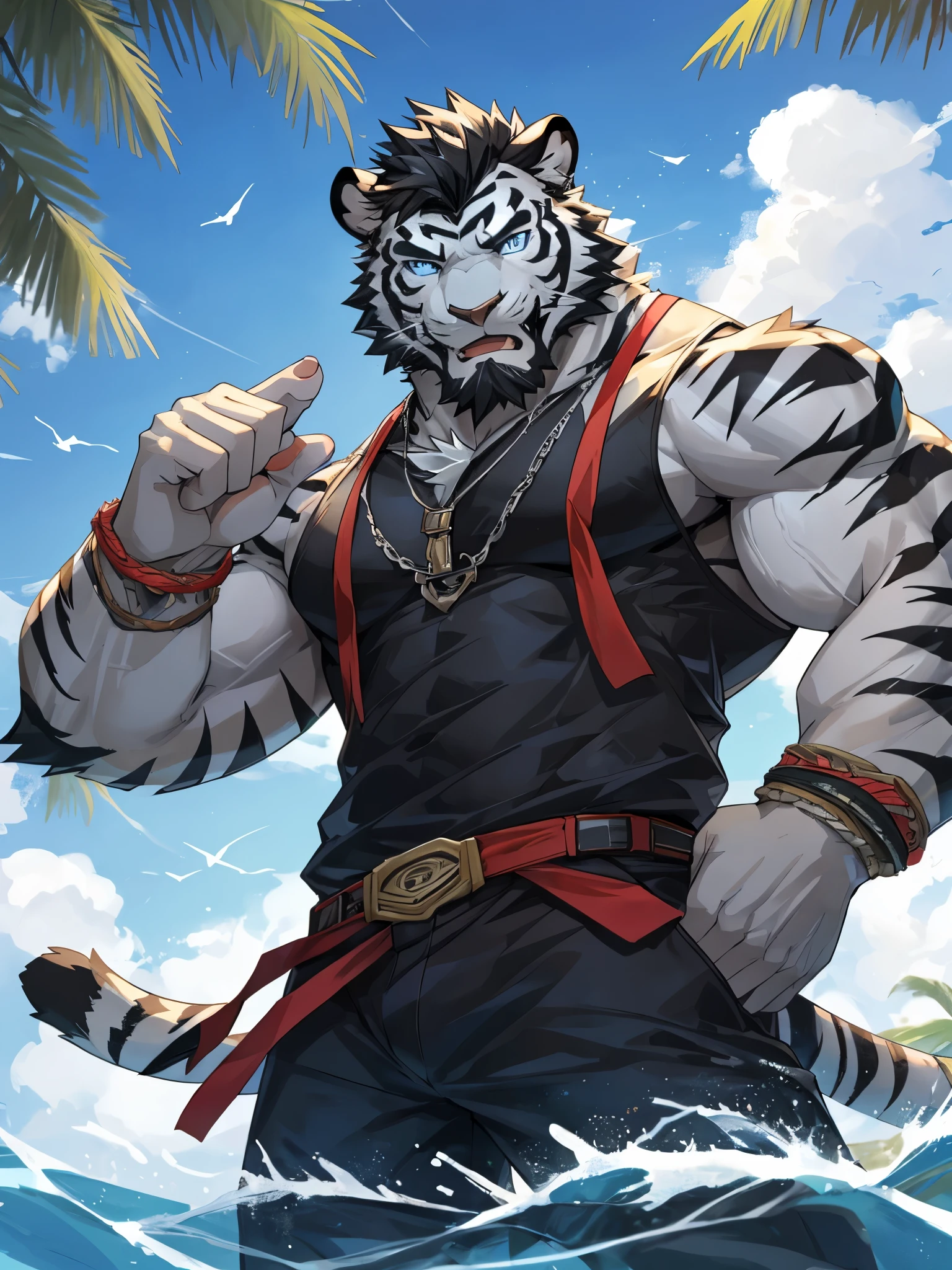 Masterpiece, Solo, Furry Black White Tiger, Blue Eyes, Medium Black Hair, Medium Black Facial Hair, Muscular Body, Cool Pose, Handsome, Good Looking, Adult, Fierce, Smirking mouth open, Summer outfit, summer background