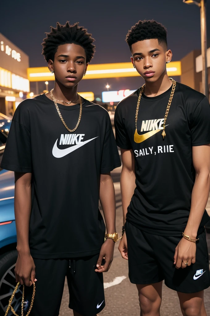 Two boys in a dark parking lot, a black boy wearing a nike t-shirt and a 16 year old wearing a gold chain