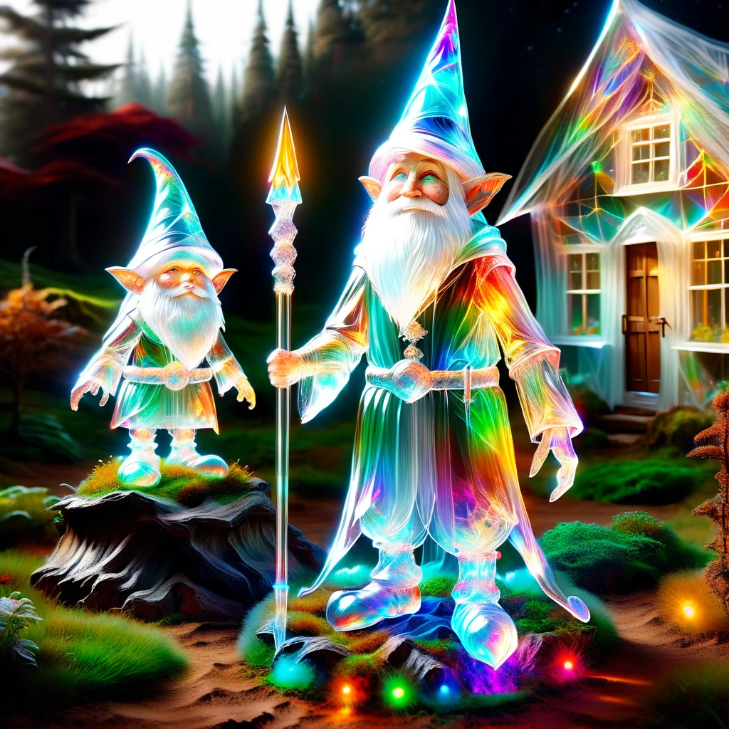 hyper detailed masterpiece, dynamic realistic digital art, incredible quality,transparentes, translucent elf, little gnome creature, long white beard, pointy hat in earth tones, practical rustic clothing, Carry a staff, guardian of the house and farm, Good luck, protection DonMSp3ctr4lXL