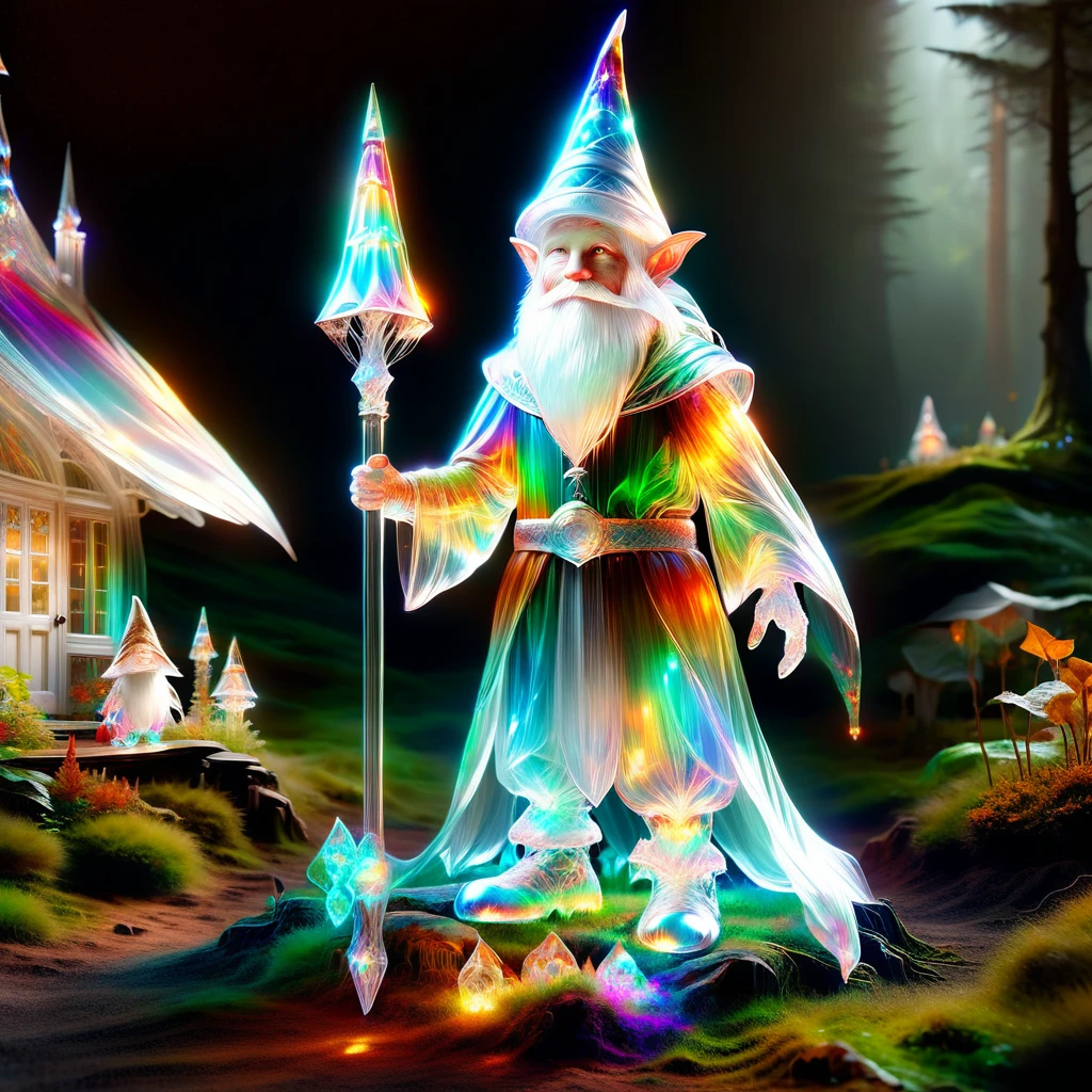 hyper detailed masterpiece, dynamic realistic digital art, incredible quality,transparentes, translucent elf, little gnome creature, long white beard, pointy hat in earth tones, practical rustic clothing, Carry a staff, guardian of the house and farm, Good luck, protection DonMSp3ctr4lXL
