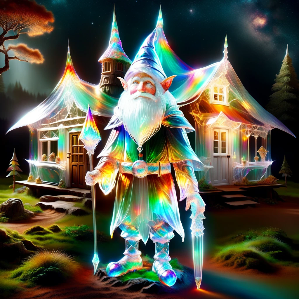 hyper detailed masterpiece, dynamic realistic digital art, incredible quality,transparentes, translucent elf, little gnome creature, long white beard, pointy hat in earth tones, practical rustic clothing, Carry a staff, guardian of the house and farm, Good luck, protection DonMSp3ctr4lXL