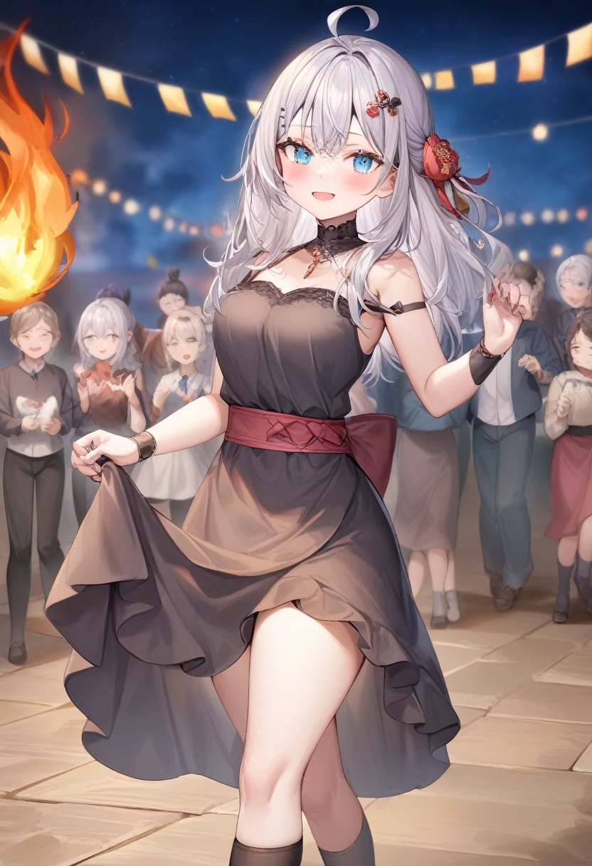 One girl, Alisa Mikhailovna Kujo,Tomorrow, my friend, Arya-san, will be visiting Russia.,alone, Long Hair, Eyebrows visible through hair, Hair between the eyes, Silver Hair, blue eyes, Medium chest, Black Uniform、campfire、at night、School festival、Dancing folk dance、
View your viewers,
Highest quality, so beautiful,