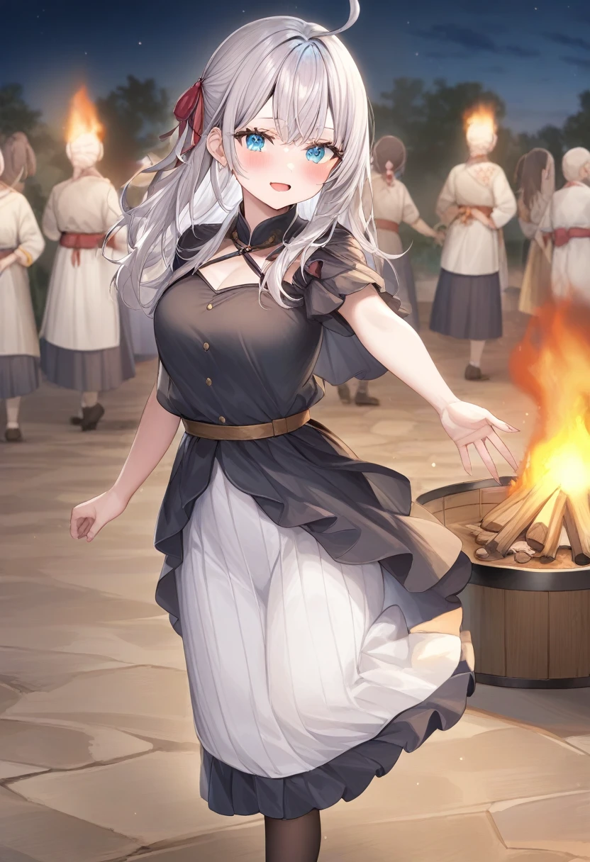 One girl, Alisa Mikhailovna Kujo,Tomorrow, my friend, Arya-san, will be visiting Russia.,alone, Long Hair, Eyebrows visible through hair, Hair between the eyes, Silver Hair, blue eyes, Medium chest, Black Uniform、campfire、at night、School festival、Dancing folk dance、
View your viewers,
Highest quality, so beautiful,