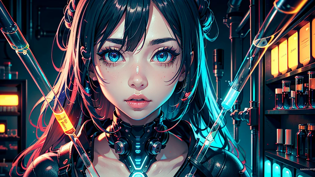 A beautiful anime girl, beautiful detailed eyes, beautiful detailed lips, extremely detailed eyes and face, long eyelashes, scientist, working in a lab, test tubes, sample tubes, bright color chemicals, (best quality,4k,8k,highres, vibrant colors,neon lighting,sci-fi laboratory,futuristic,dynamic pose,