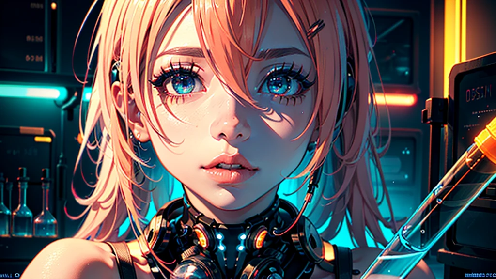 A beautiful anime girl, beautiful detailed eyes, beautiful detailed lips, extremely detailed eyes and face, long eyelashes, scientist, working in a lab, test tubes, sample tubes, bright color chemicals, (best quality,4k,8k,highres, vibrant colors,neon lighting,sci-fi laboratory,futuristic,dynamic pose,