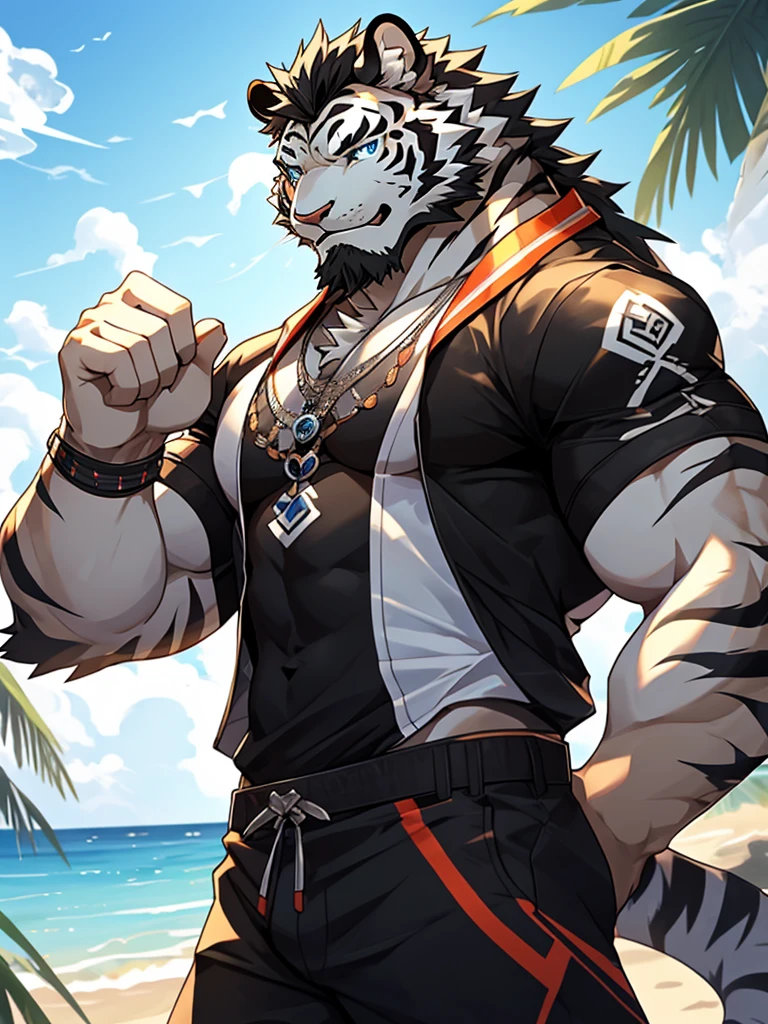 Masterpiece, Solo, Furry Black White Tiger, Blue Eyes, Medium Black Hair, Medium Black Facial Hair, Muscular Body, Cool Pose, Handsome, Good Looking, Adult, Fierce, Smirking mouth open, Summer outfit, summer background