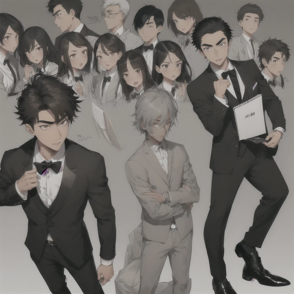 Male Asian young adult , medium length spikey hair , brown lazy eyes, thin sharp eyebrow, thin nose, good looking ,dark brown hair, tan skin, broad shoulders, lean, tall, short black tie, fitted black tuxedo jacket, white school shirt , light grey school pants, black fancy shoe , reading a note book