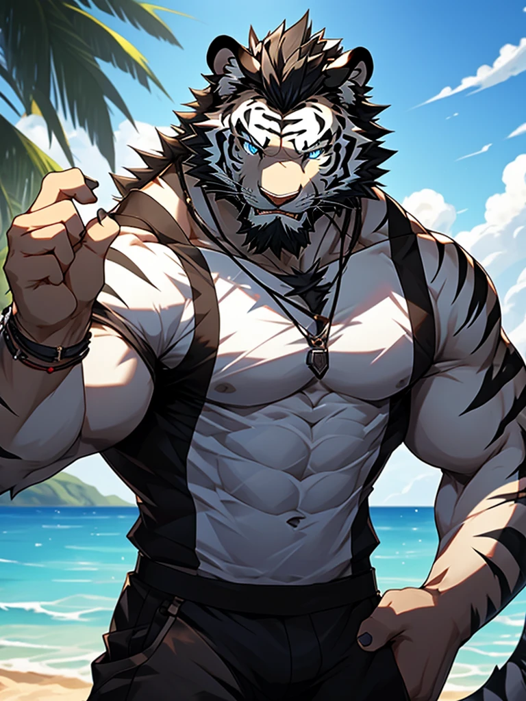 Masterpiece, Solo, Furry Black White Tiger, Blue Eyes, Medium Black Hair, Medium Black Facial Hair, Muscular Body, Cool Pose, Handsome, Good Looking, Adult, Fierce, Smirking mouth open, Summer outfit, summer background.