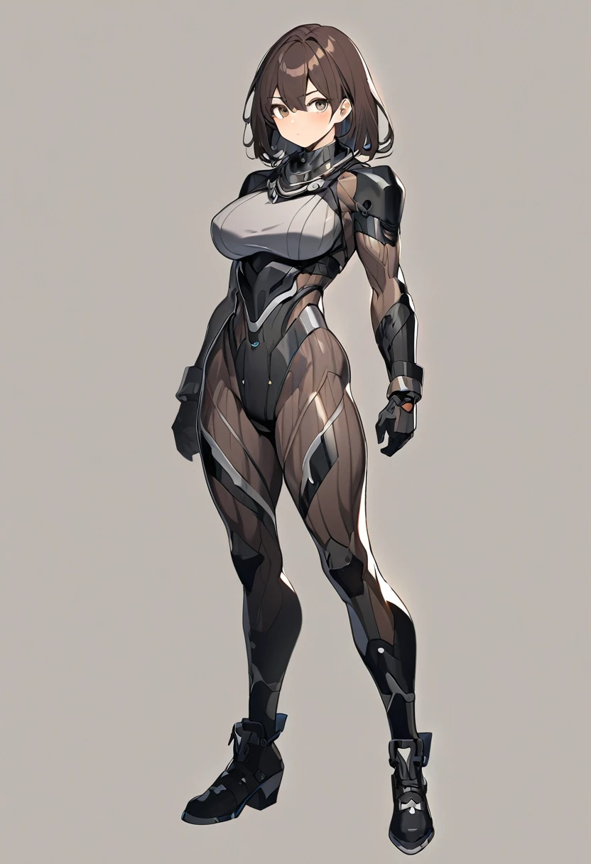 A beatiful anime woman, long dark brown, dark brown eyes, gray regatta, black short, black boot, standing, slighty muscular body, full body