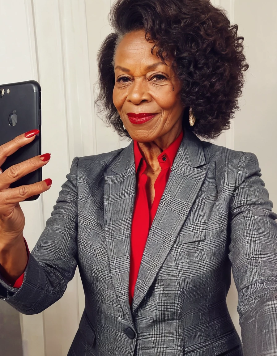 instagram selfie,African-American, older mature female, business suit, red bouse