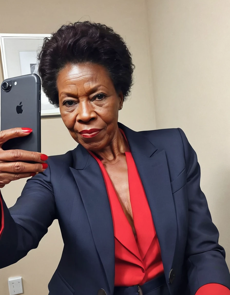 instagram selfie,African-American, older mature female, business suit, red bouse